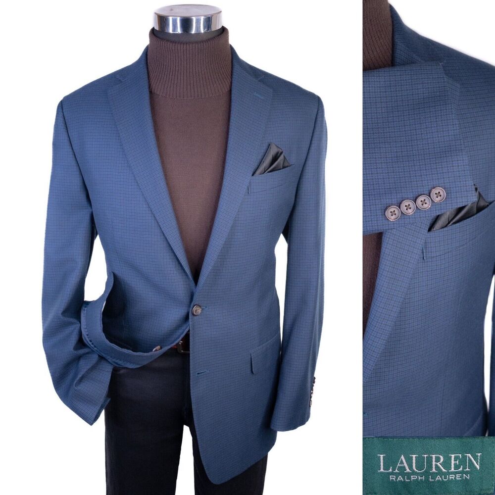 Ralph Lauren Mens Blazer Sz 42L Sport Coat Jacket Poly Blend 2-Bttn Houndstooth